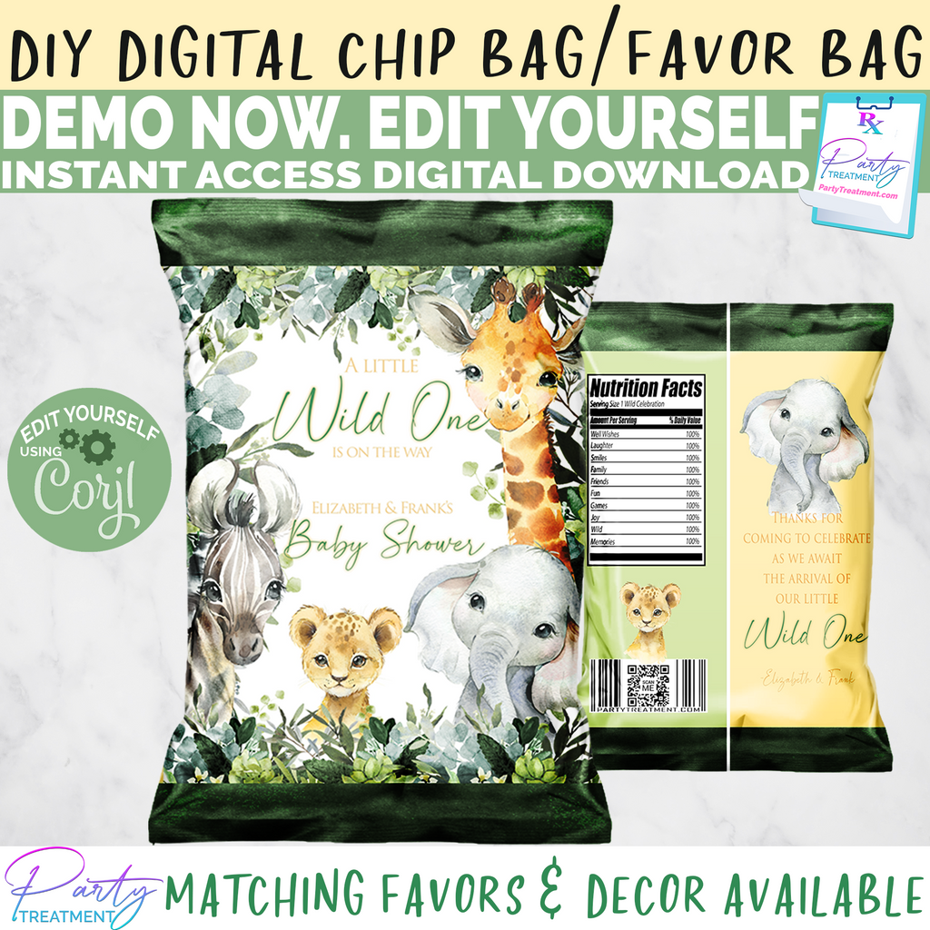 Wild One Safari Baby Shower Birthday Chips Party Favor Label