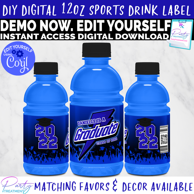 Blue Graduate Sports Drink Label INSTANT ACCESS DOWNLOAD