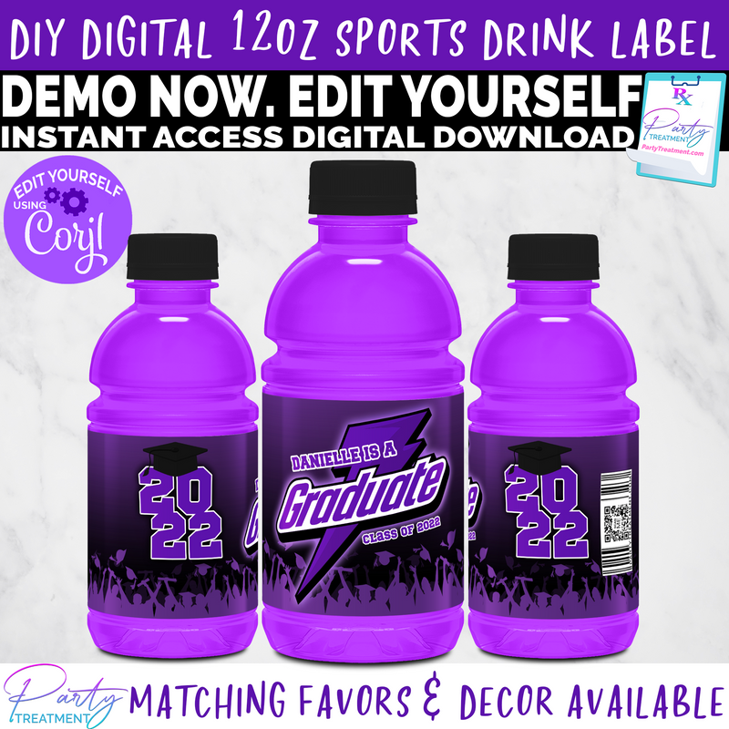 Purple Graduate Sports Drink Label INSTANT ACCESS DOWNLOAD