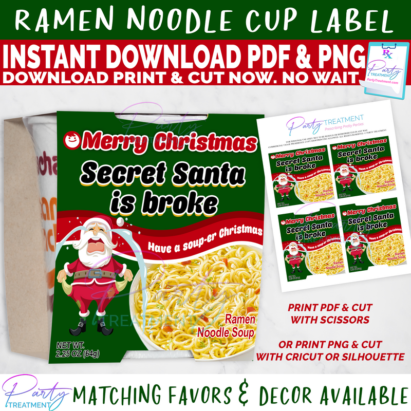 Broke Secret Santa Ramen Noodles Christmas Labels INSTANT DOWNLOAD