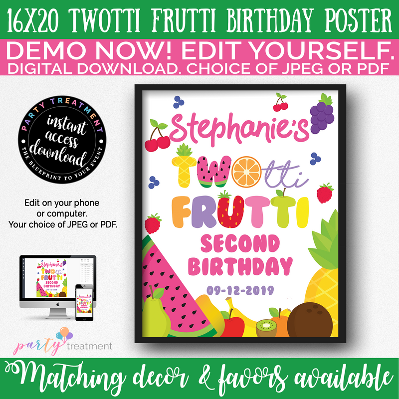 Twotti Frutti Birthday Poster, Twotti Frutti Welcome Sign