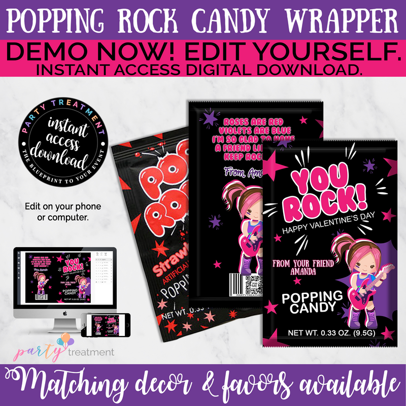 Pop Rocks Valentine's Favors - Brunette - INSTANT ACCESS DOWNLOAD