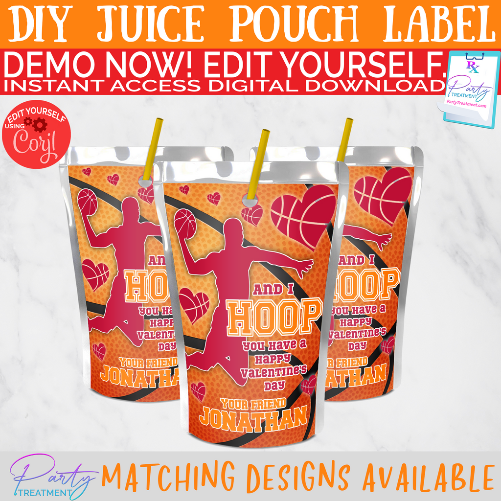 This DIY basketball valentines juice pouch label is the perfect substitute to basketball valentine cards. Your choice of with or without straw hole. Fits both Capri Suns and Kool-aid Jammers