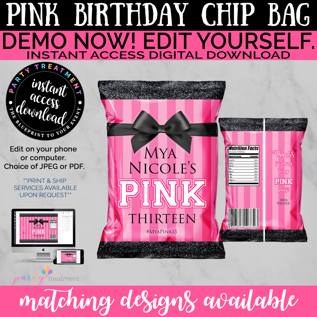 Pink Chip Bags, Pink Party Favors, VS Favor Bags, INSTANT DOWNLOAD