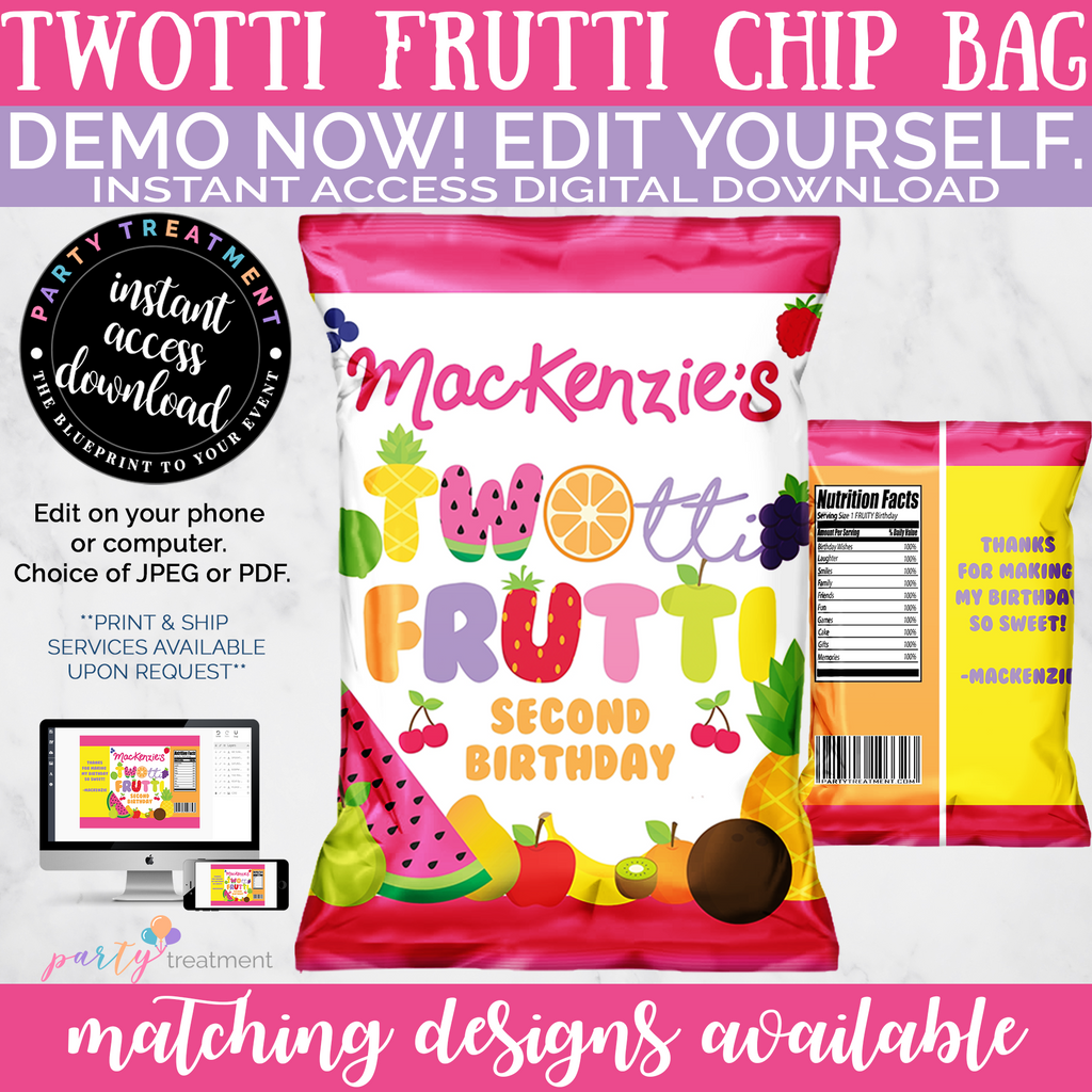 Twotti Frutti Chip Bag, Twotti Frutti favor bag