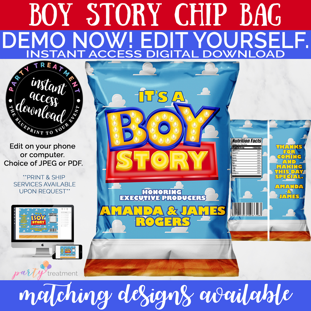Boy Story Chip Bag Party Favor INSTANT ACCESS