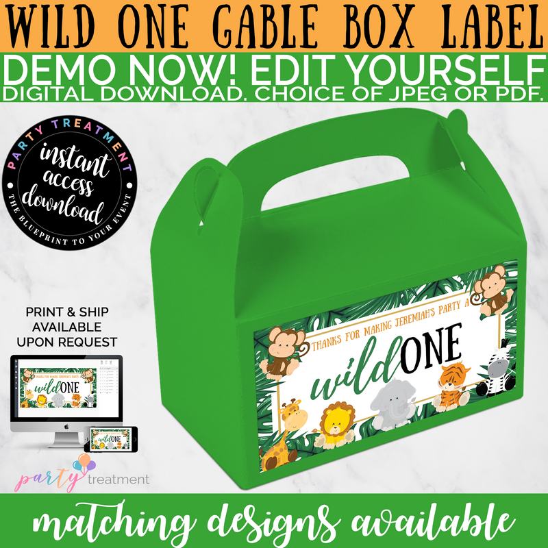Wild One Jungle Birthday Gable Box Label INSTANT DOWNLOAD