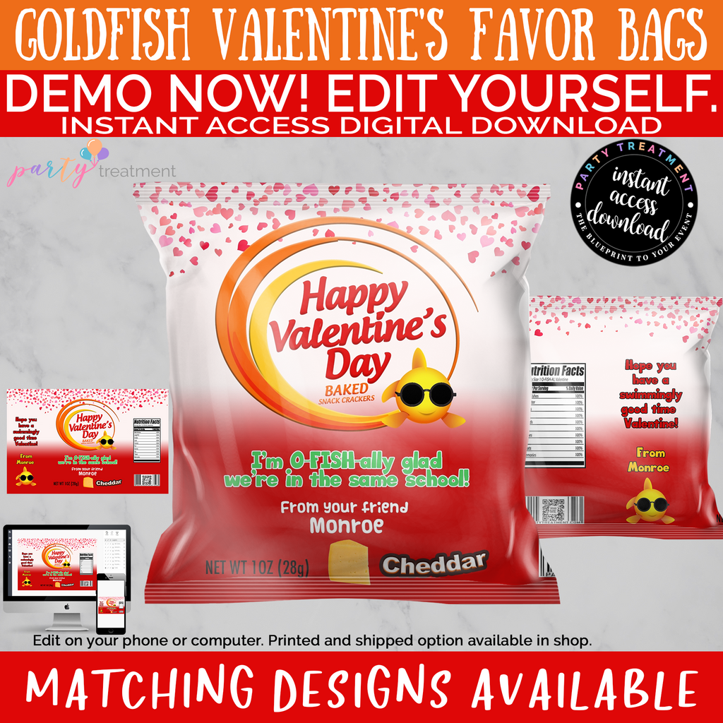Printable Goldfish Valentines party favor bag template. Party Treatment