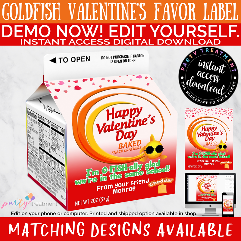 Goldfish valentine preschool valentine noncandy valentine favor label