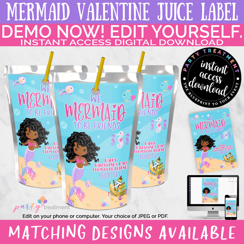 We Mermaid to be Friends Valentine Favor Mermaid Juice Label African American Mermaid Juice Label
