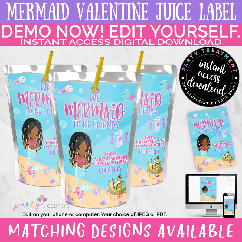 We Mermaid to be Friends Valentine Favor Mermaid Juice Label African American Mermaid Juice Label