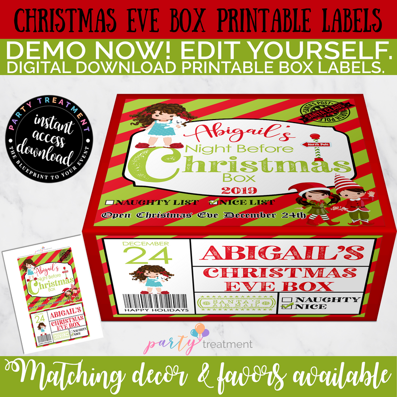 Christmas Eve Box Label-Brunette, Editable INSTANT DOWNLOAD