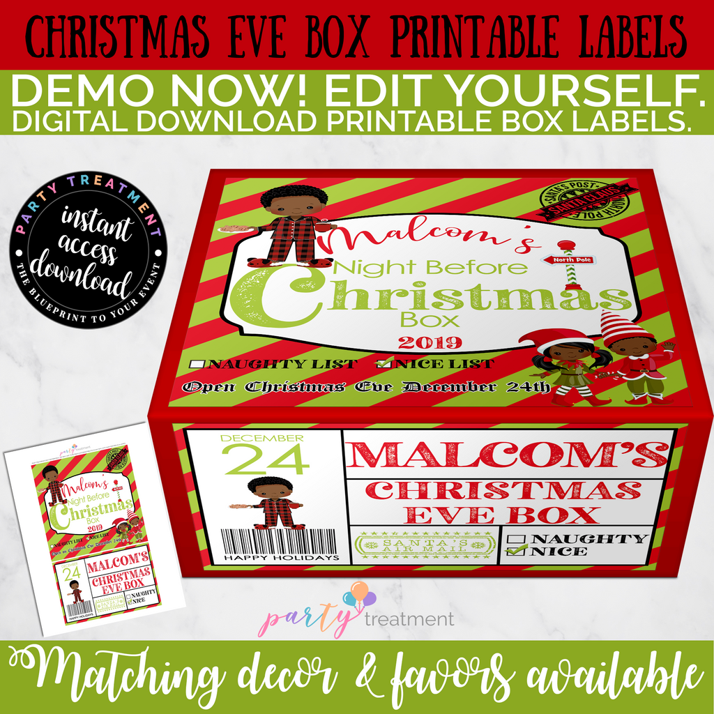 Christmas Eve Box Label-African American Boy, Editable INSTANT DOWNLOAD