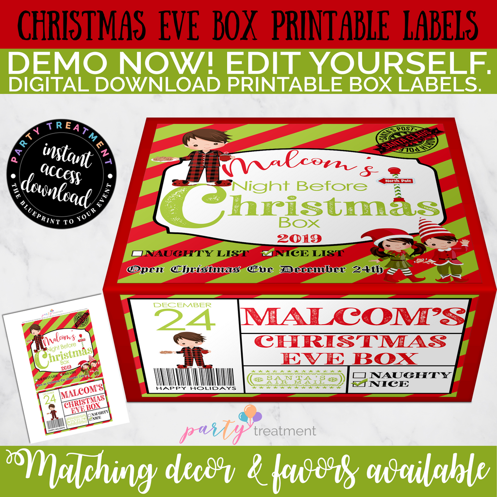Christmas Eve Box Label- Boy, Editable INSTANT DOWNLOAD