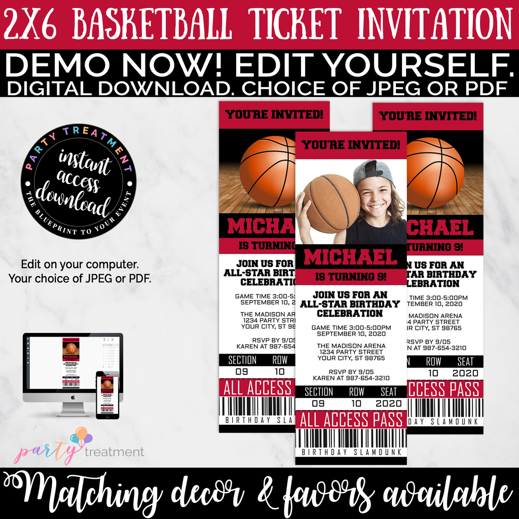 Red and Black Basketball Ticket Birthday Invitation