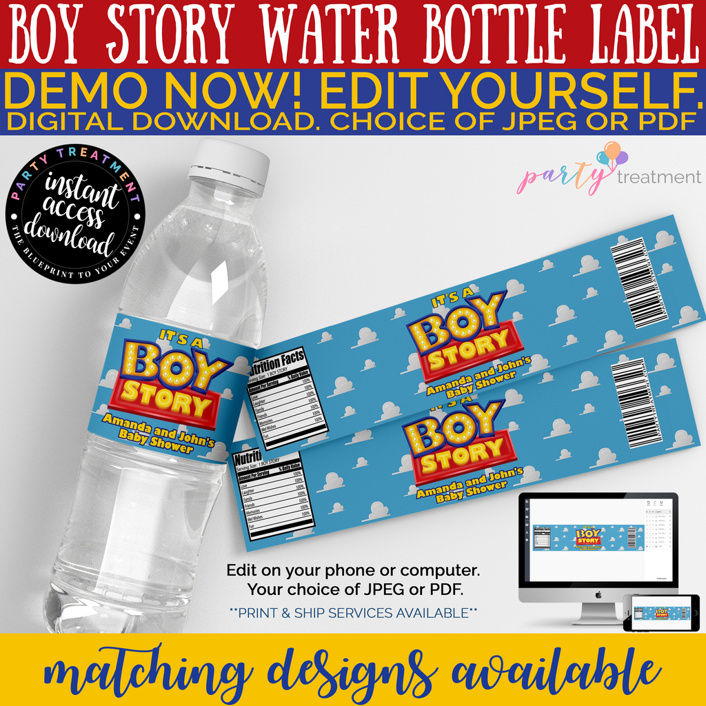 Boy Story Baby Shower Water Bottle Label, no baby, INSTANT ACCESS