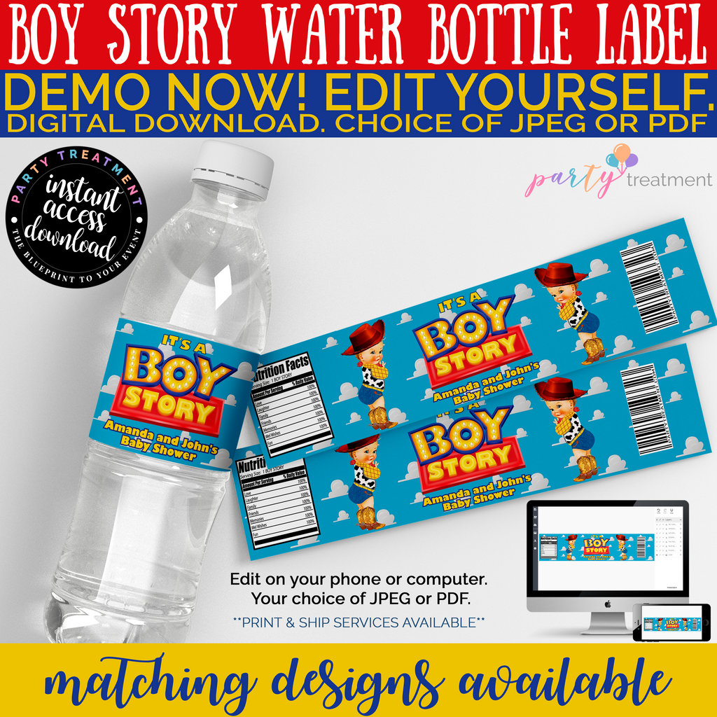 Boy Story Baby Shower Water Bottle Label, BLONDE, INSTANT ACCESS