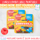 First day of school lunch ideas. Back to school lunch ideas. Personalized Lunchable for birthday lunch at school. Construction lunch, construction lunchable