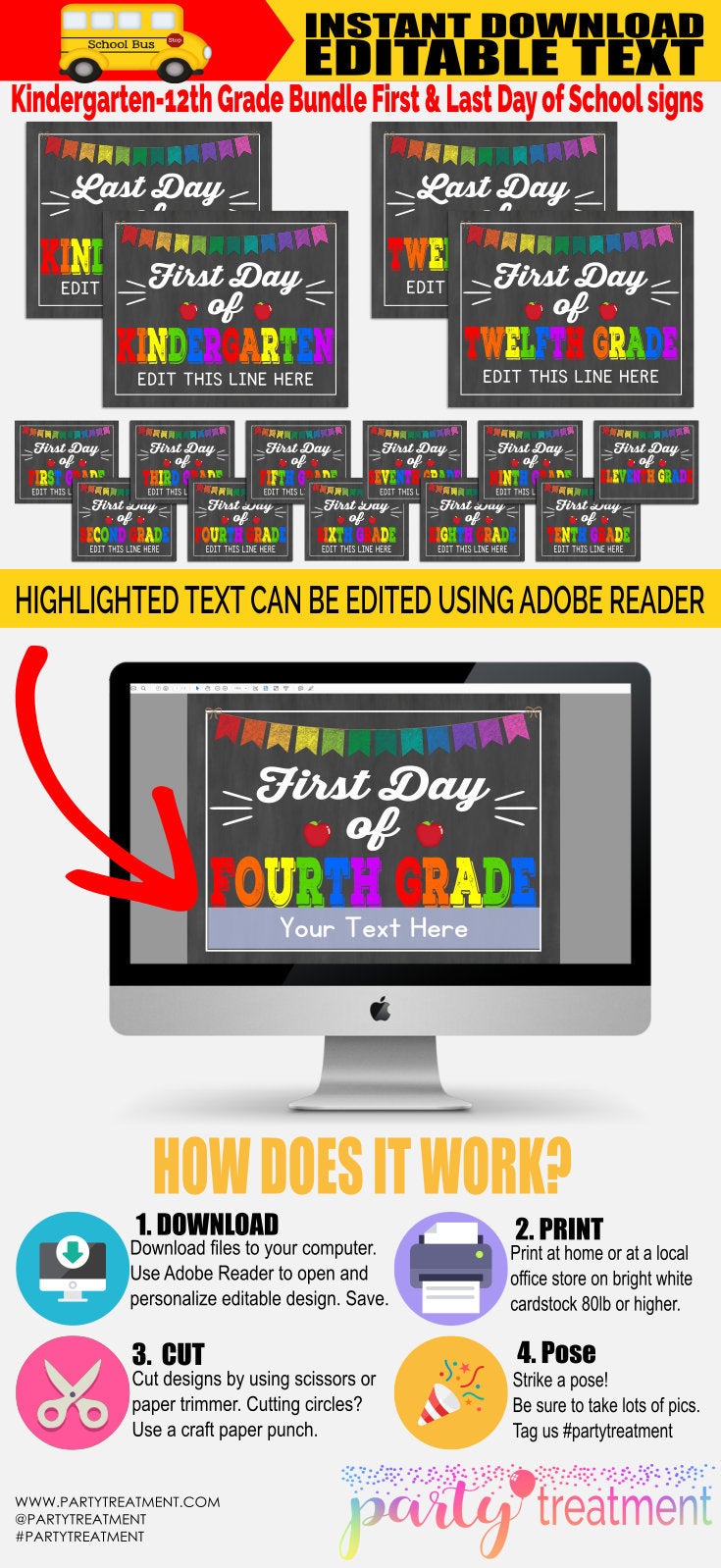 First and Last Day of School Sign Bundle, Complete Set. Instant Download and Editable, All grades