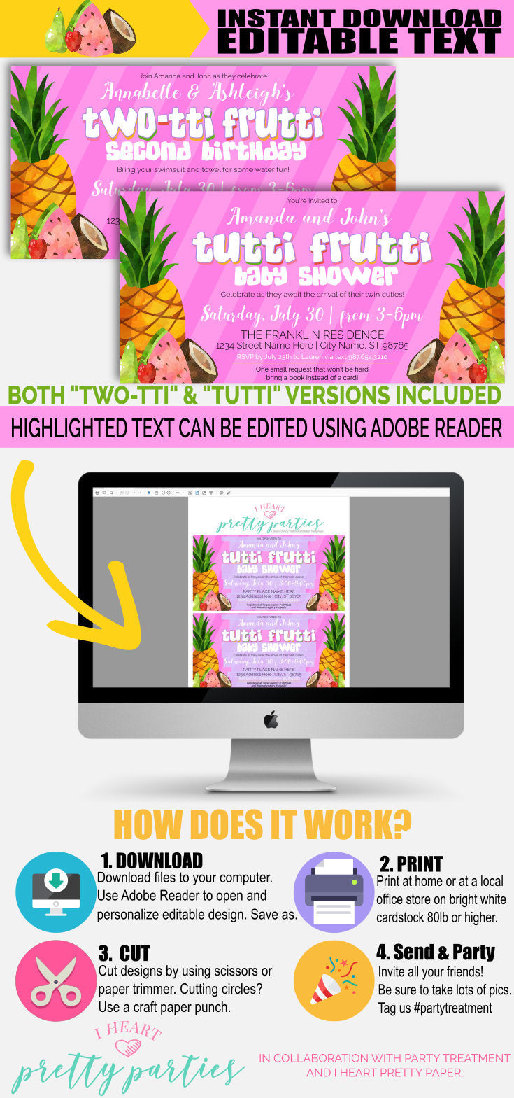 INSTANT DOWNLOAD Tutti Frutti Invitation, Two-tti frutti birthday invitation, tutti frutti baby shower invitation, twins invitation