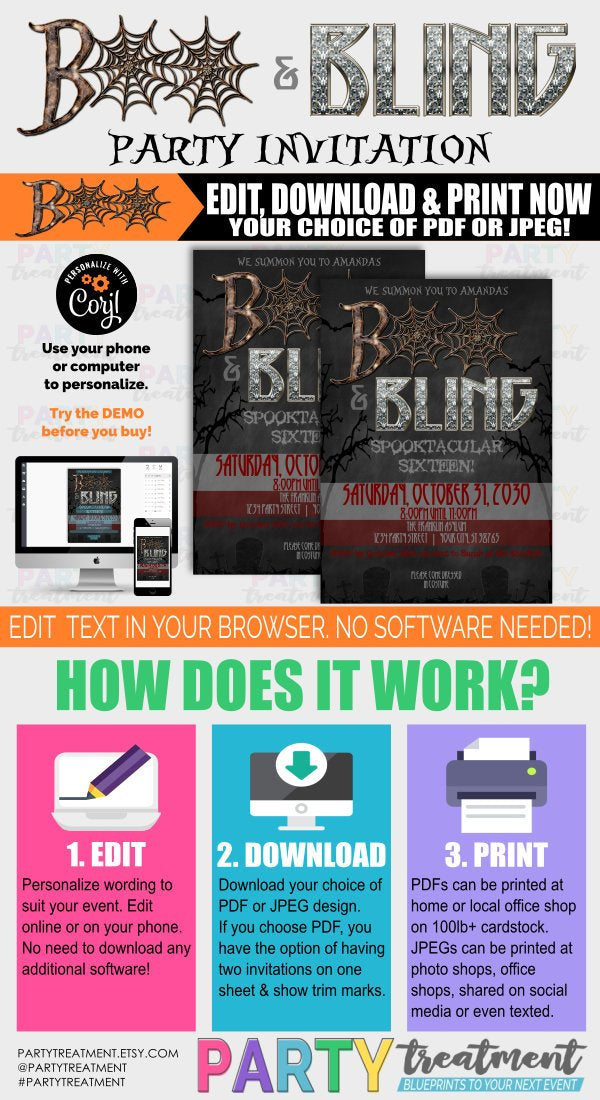 Boo and Bling Halloween Party Invitation, Boo and Bling Halloween Bridal Party Invitation, Boo and Bling Birthday Invitation, Instant Access