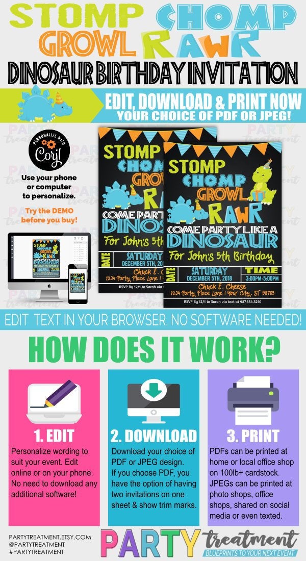 Dinosaur Birthday Invitation, INSTANT ACCESS, Stomp, Chomp, Growl, Roar dino invitation, instant download
