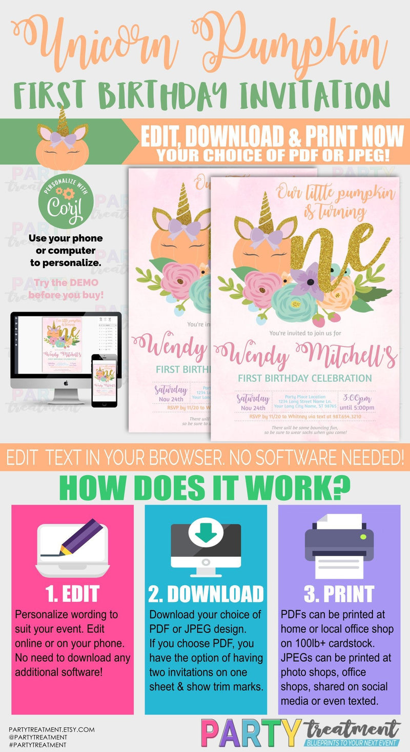 First Birthday Pumpkin Unicorn Invitation, INSTANT DOWNLOAD