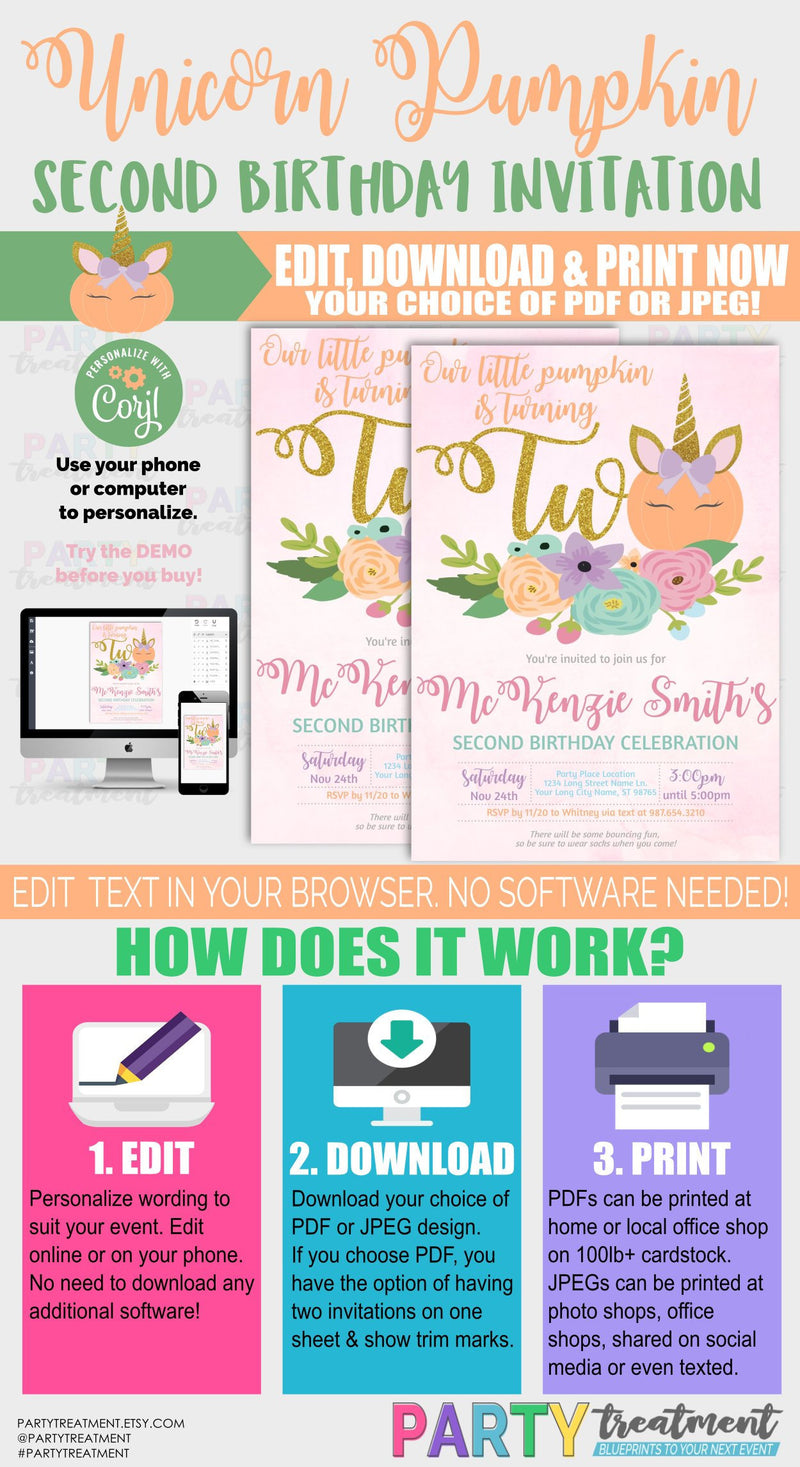 2nd Birthday Pumpkin Unicorn invitation, INSTANT DOWNLOAD