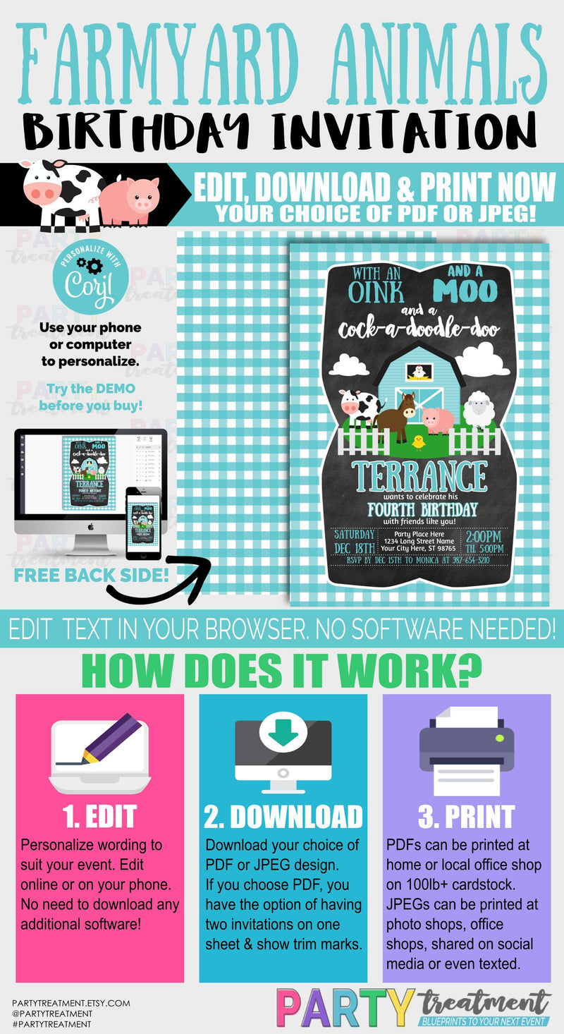 Farm Birthday Invitation, Barnyard Animals Birthday Invitation, Blue Farm Animal Invitation, INSTANT DOWNLOAD, Instant Access, Design 208