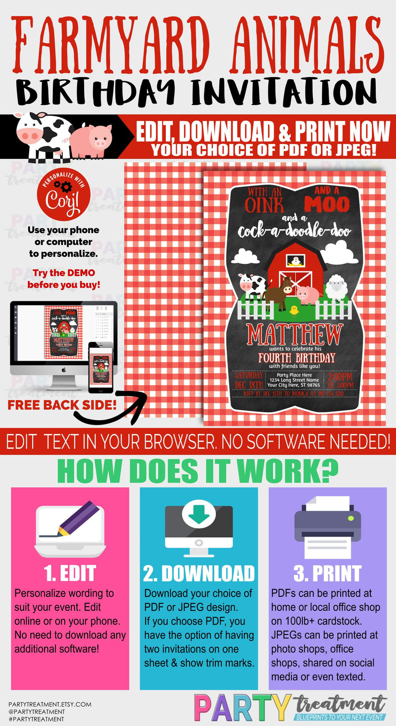 Farm Birthday Invitation, Barnyard Animals Birthday Invitation, INSTANT DOWNLOAD, Instant Access, EDITABLE, design 208