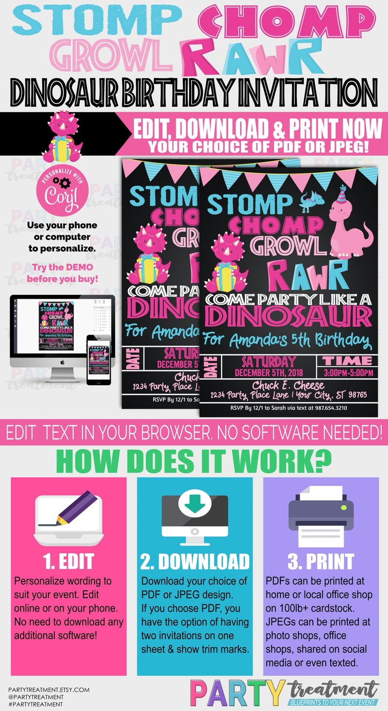 Pink Dinosaur Birthday Invitation, INSTANT ACCESS