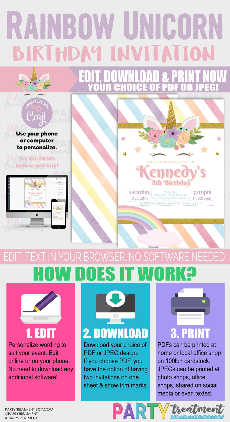 Rainbow Unicorn Birthday Invitation, INSTANT DOWNLOAD