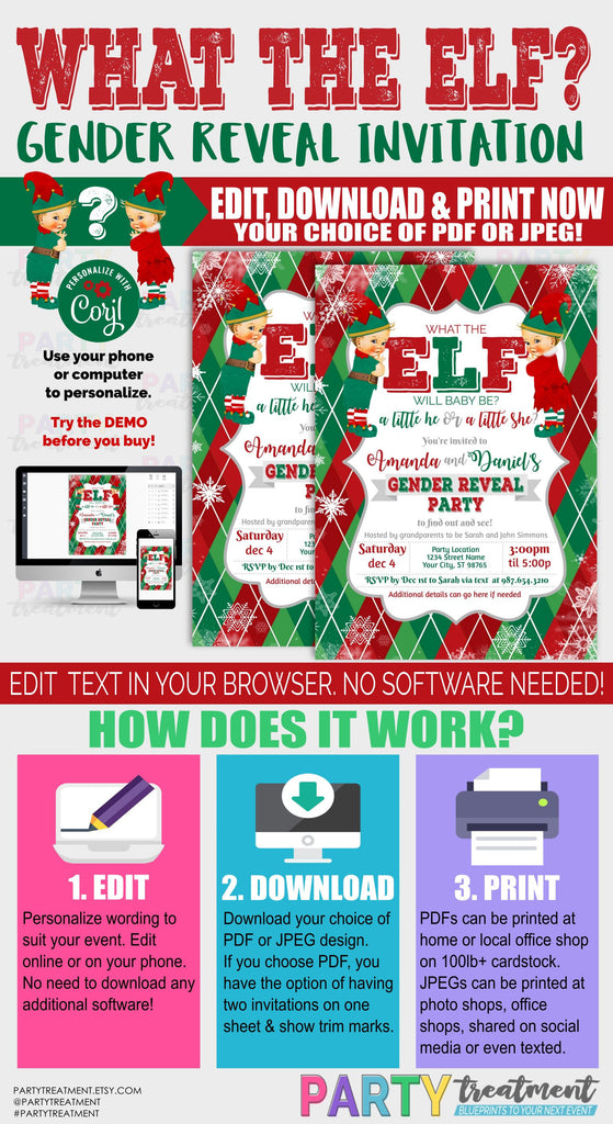 What the ELF Christmas Gender Reveal Invitation, INSTANT DOWNLOAD