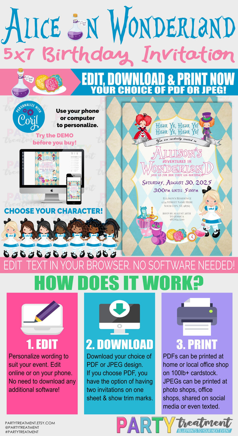 Alice in Wonderland Birthday invitation, Alice in ONEderland birthday invitation, INSTANT DOWNLOAD, Instant Access