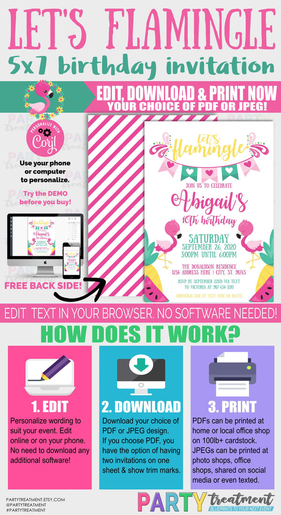 Let's Flamingle Birthday Invitation,  INSTANT DOWNLOAD