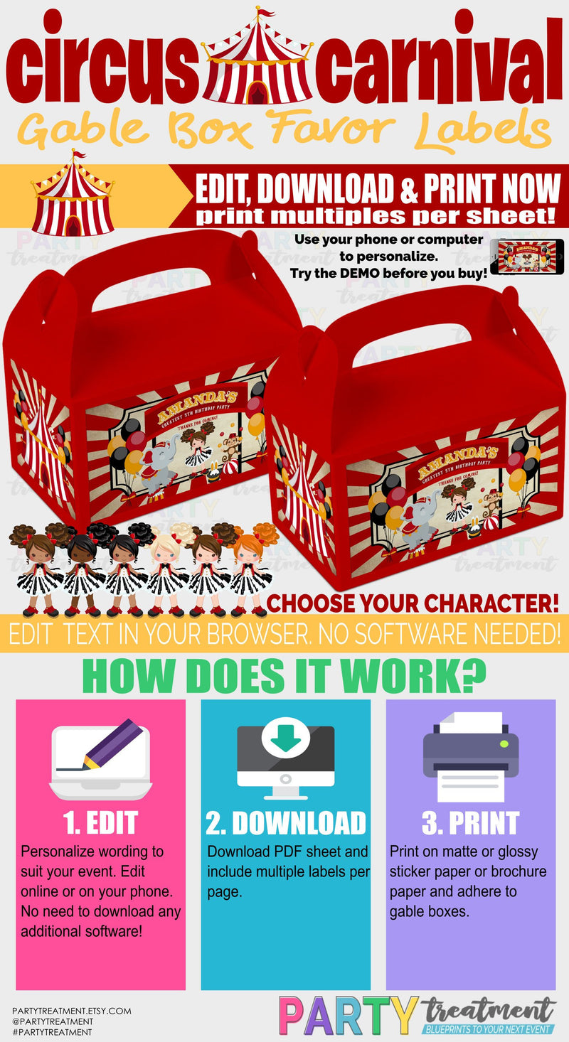 Circus Carnival Party Favor Label, Gable box label, Circus gable box label, carnival gable box, INSTANT DOWNLOAD design 214
