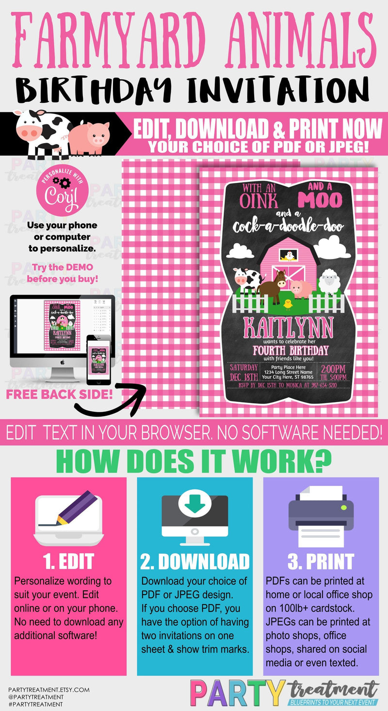 Farm Birthday Invitation, Barnyard Animals Invitation, Pink Farm Animal Invitation, INSTANT DOWNLOAD, Instant Access, Design 208