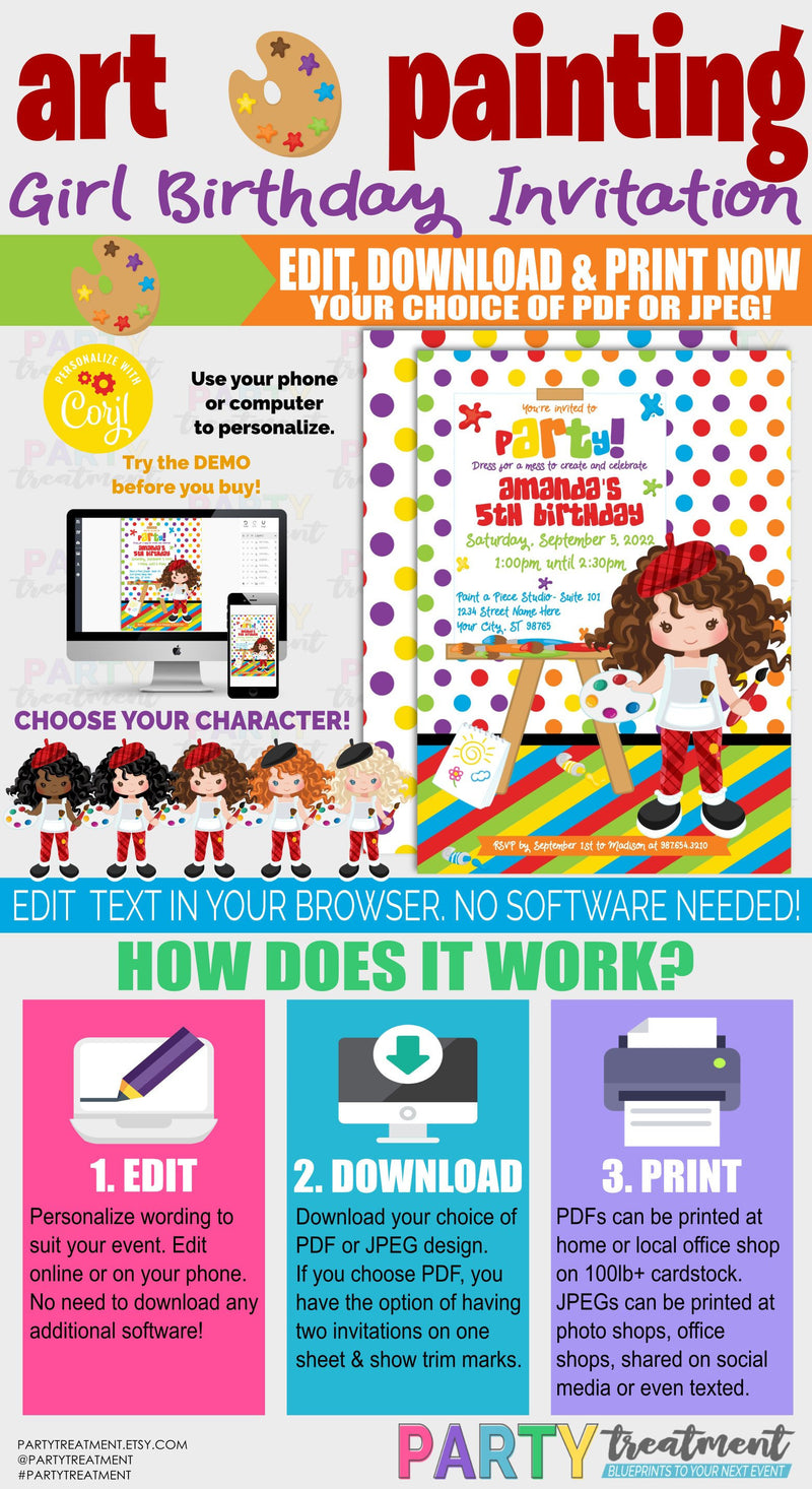 Painting Birthday Invitation, Girl Art Party, Painting Invitation, Art Invitation, Create and Celebrate, Editable Instant Download