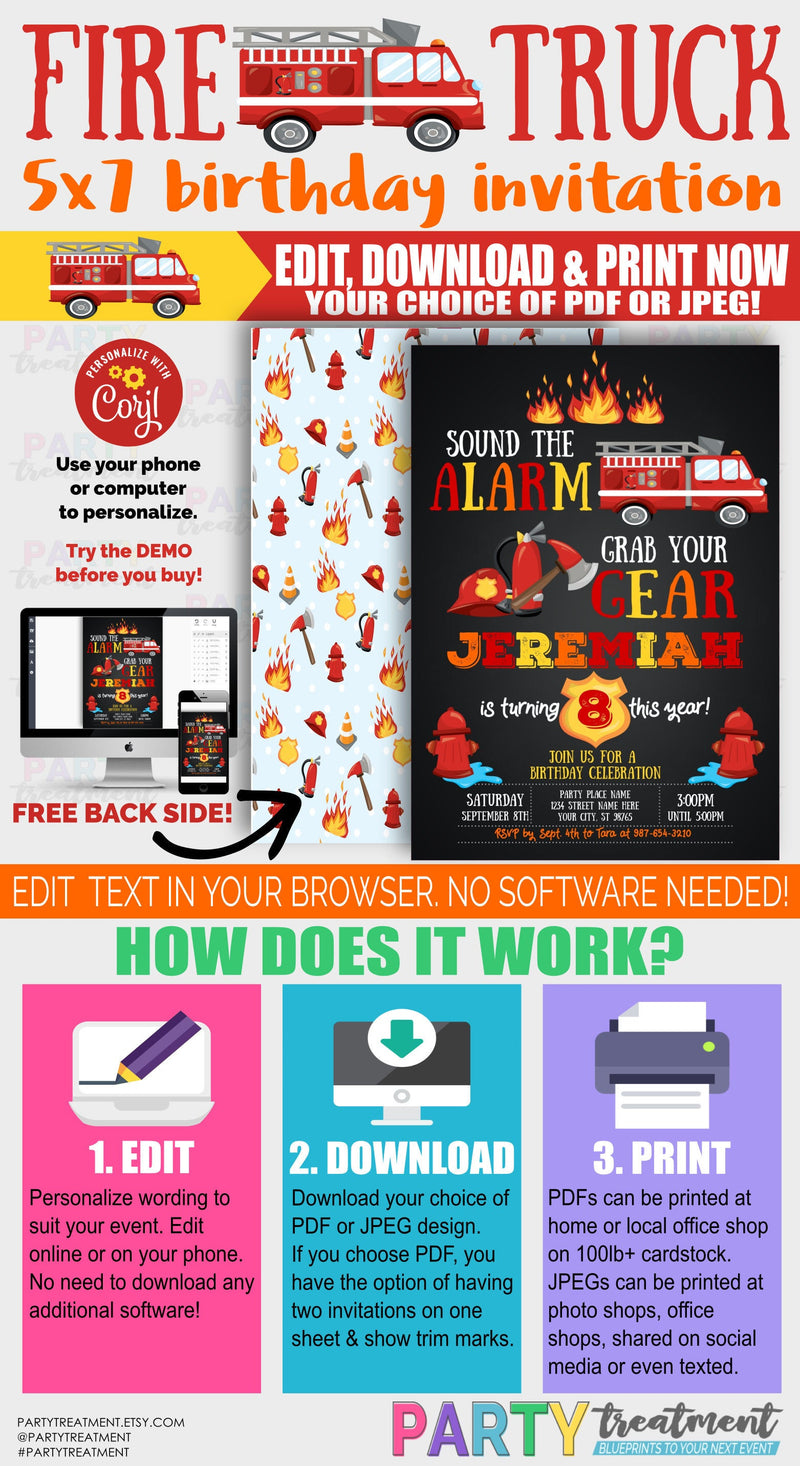 Firetruck birthday invitation, INSTANT DOWNLOAD