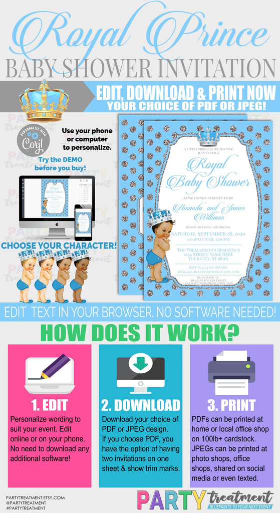 Royal Prince Baby Blue and Silver Baby Shower Invitation, INSTANT DOWNLOAD