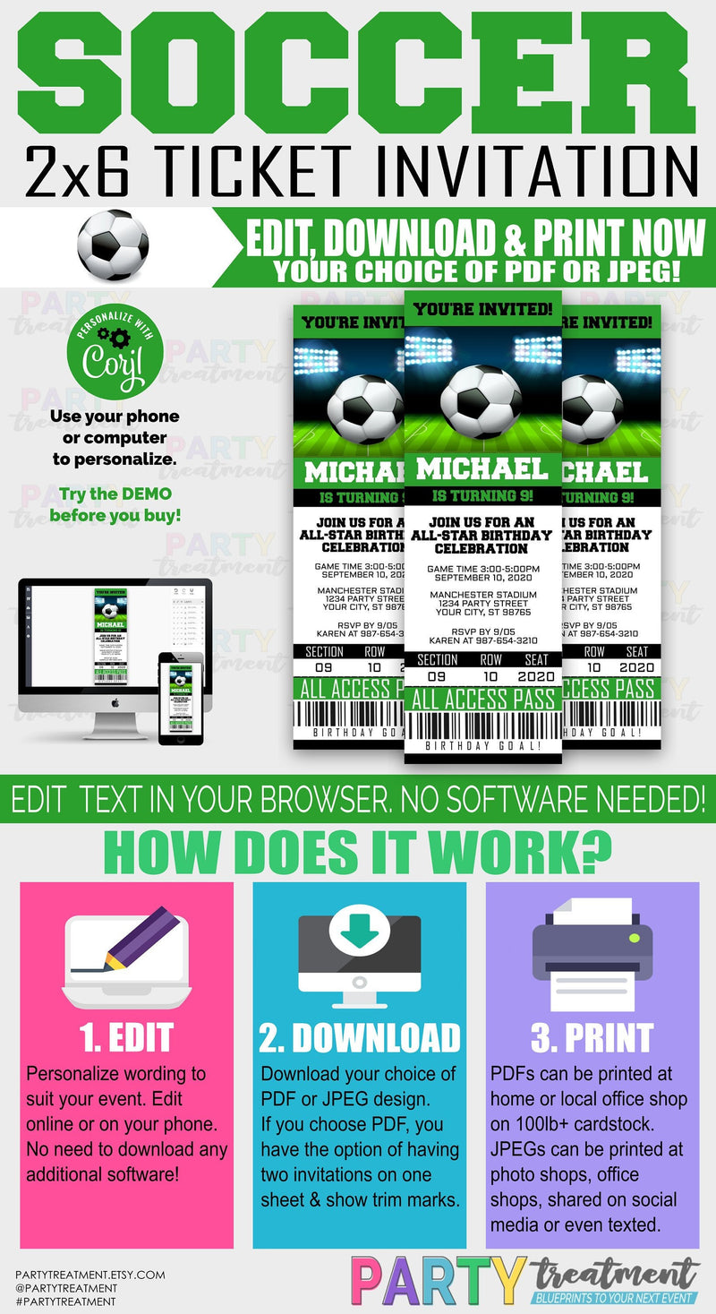 Soccer Ticket Invitation INSTANT DOWNLOAD