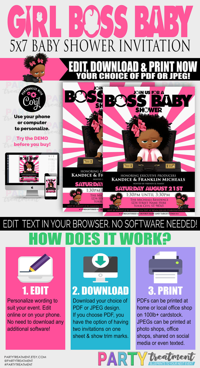 Boss Girl Baby shower, Baby Boss Girl, Baby Boss shower invitation, African American Boss invitation, Pink boss, INSTANT DOWNLOAD