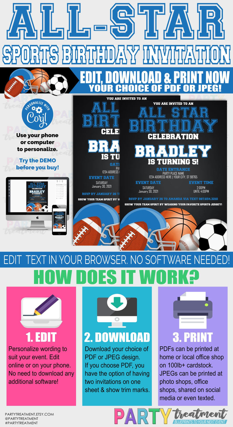 All Star Birthday Invitation, Sports birthday invitation, allstar birthday, INSTANT ACCESS, Instant Download Design 161