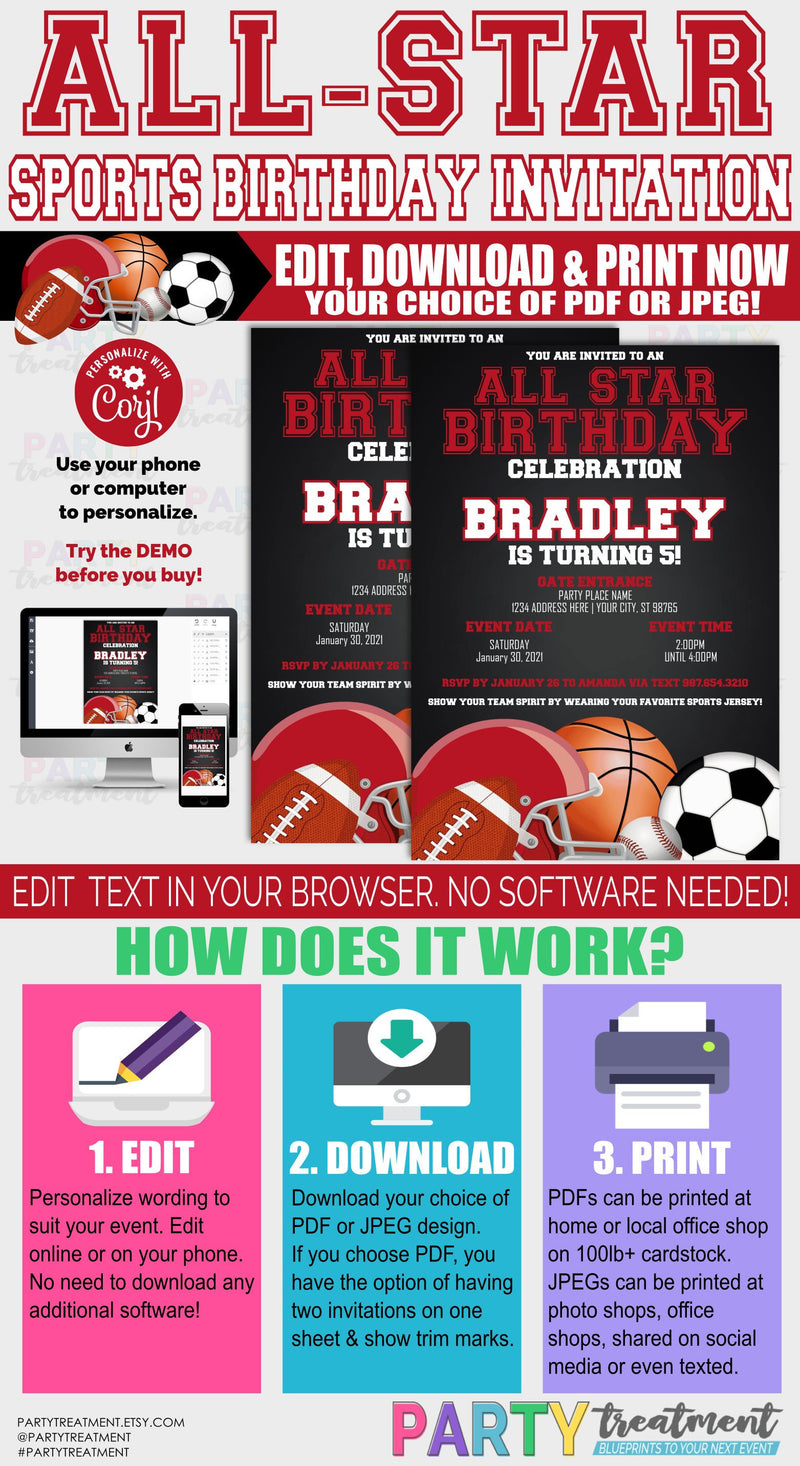 All Star Birthday Invitation, Sports Birthday invitation, red sports invitation, allstar birthday, INSTANT ACCESS, Instant Download 161