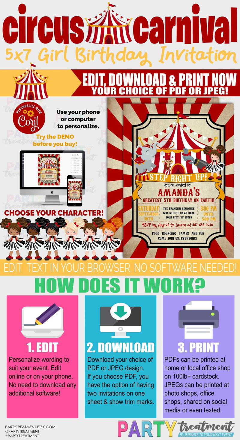 Circus Birthday Invitation, Carnival Birthday Invitation, Girl Circus, Girl Carnival, INSTANT DOWNLOAD, Instant Access