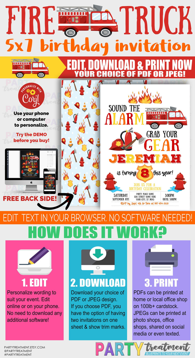 Firetruck birthday invitation, INSTANT DOWNLOAD