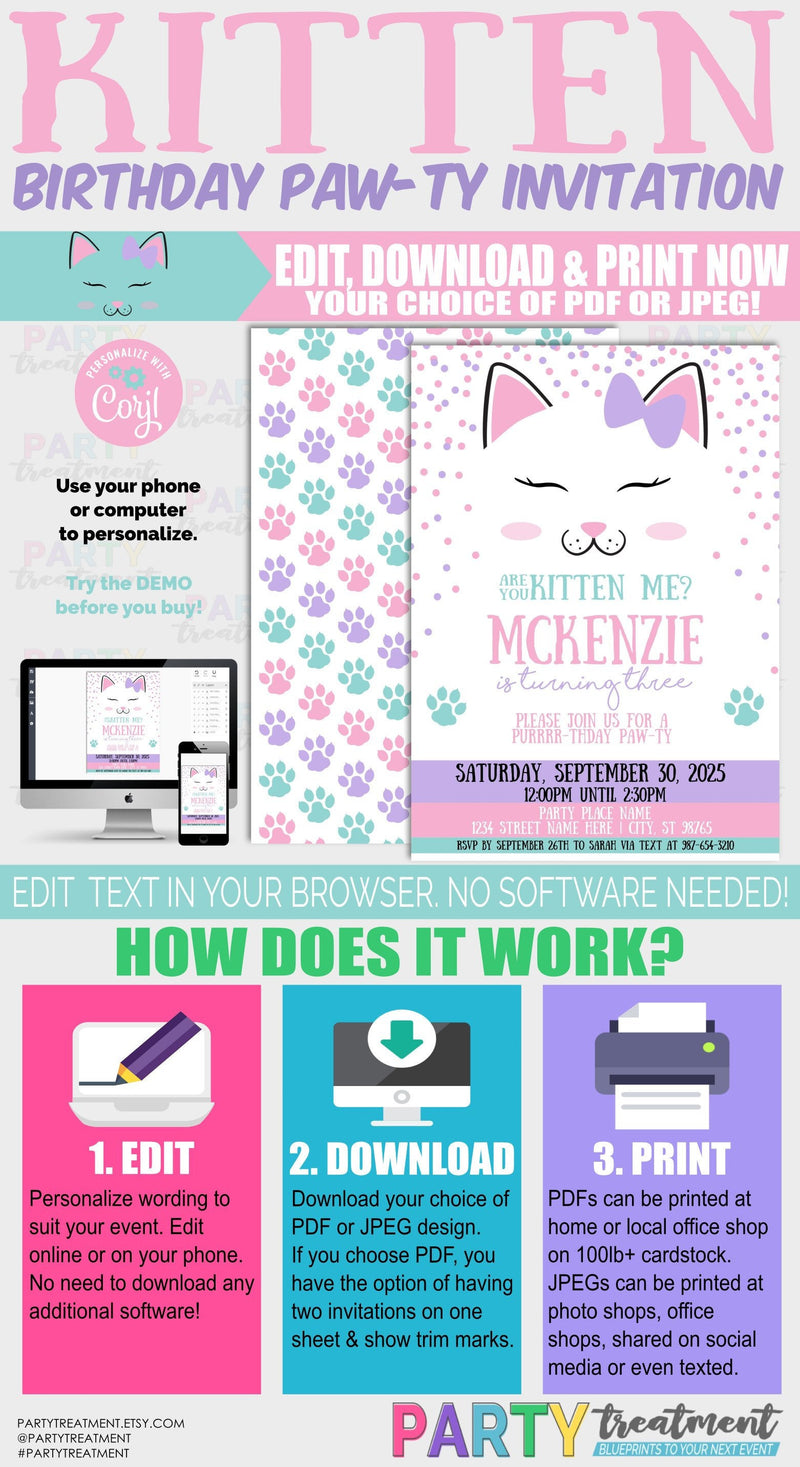 Kitten Birthday invitation, cat invitation, kitten party, cat party, are you kitten me, pawty, INSTANT DOWNLOAD design 217
