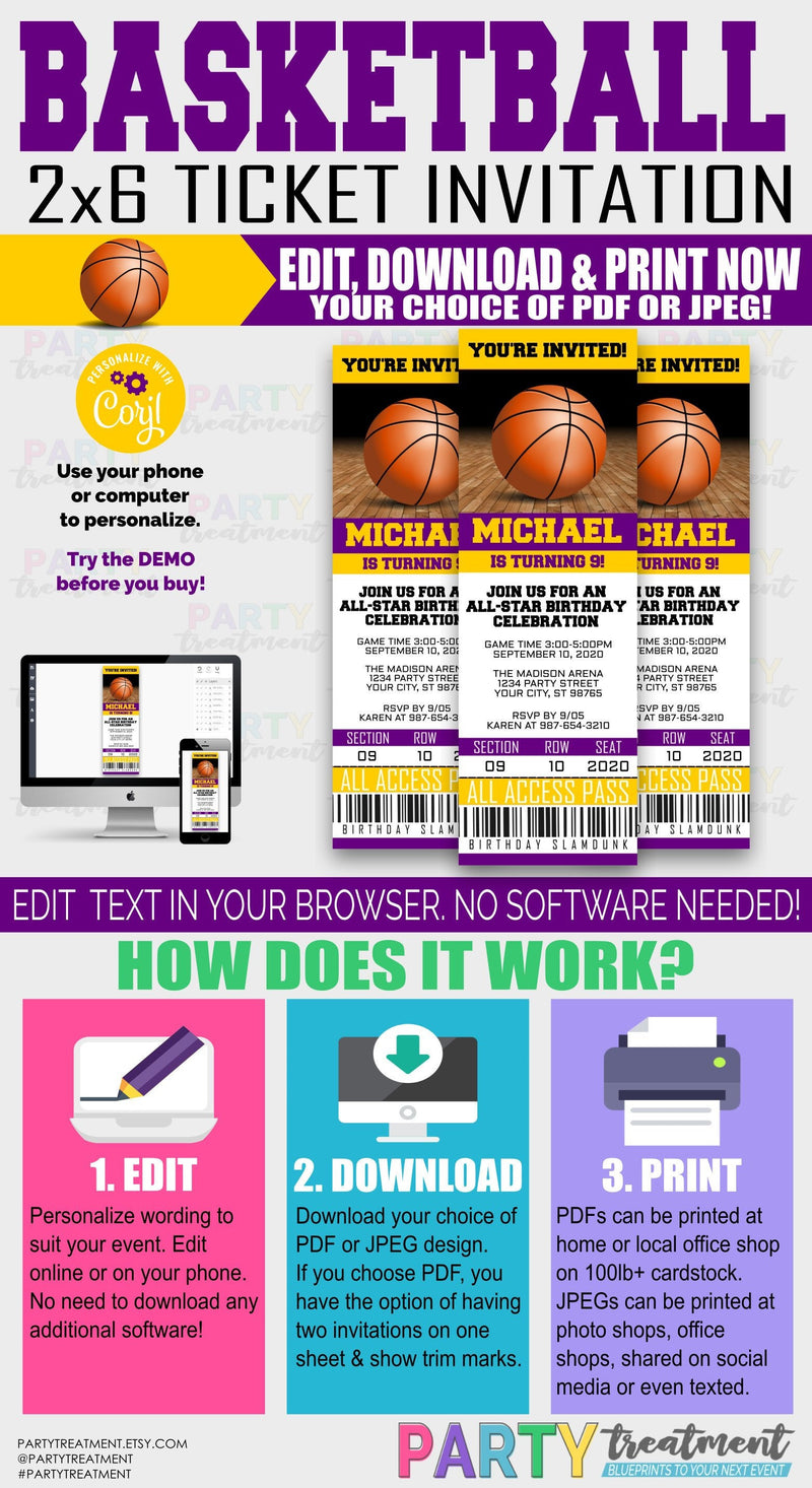 Basketball Purple and Gold ticket invitation, INSTANT DOWNLOAD