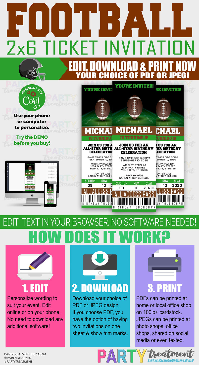 Football ticket invitation, INSTANT DOWNLOAD