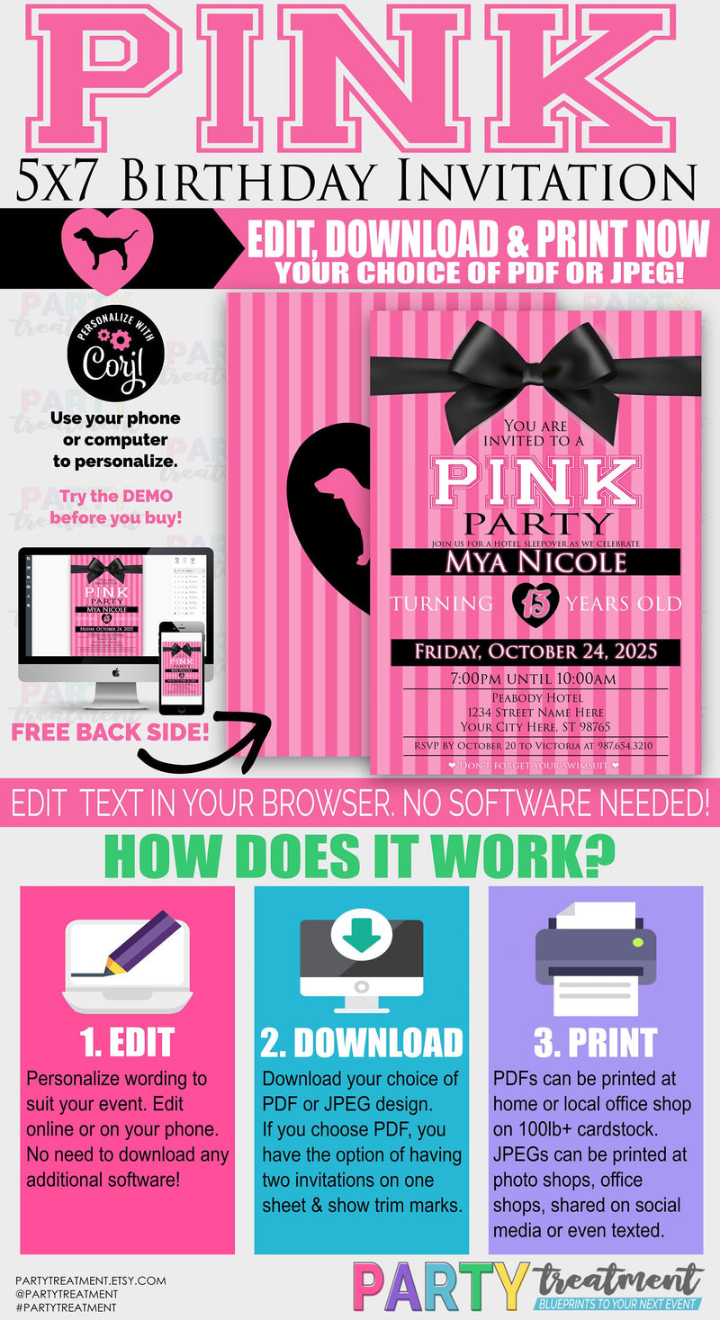 VS Pink Birthday Invitation, INSTANT ACCESS